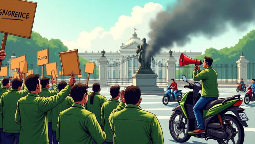 Para pengemudi ojol yang tergabung dalam Garda Indonesia juga menyuarakan penolakan terhadap potongan besar dari perusahaan aplikator.