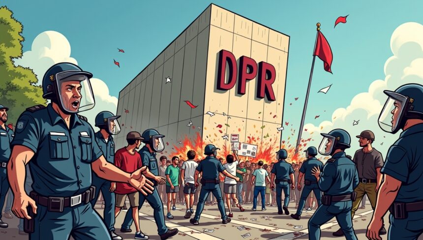 Demonstrasi di depan Gedung DPR/MPR RI pada Senin, 25 Agustus 2025 berakhir ricuh. Massa mendesak barikade beton