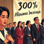 "An elegant and dignified illustration of Sri Mulyani, Indonesia’s Minister of Finance, standing in a formal farewell ceremony with tears in her eyes, gracefully holding a handkerchief. She is surrounded by solemn Ministry of Finance employees in suits, yet in the background, a large celebratory banner with the words '300% Allowance Increase' is visible, with some staff discreetly smiling and holding documents. The composition should emphasize respect and gravitas in her figure, using a realistic and respectful tone, while subtly highlighting the ironic contrast between her emotional departure and the recent financial benefits enjoyed by the employees."