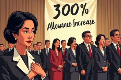 "An elegant and dignified illustration of Sri Mulyani, Indonesia’s Minister of Finance, standing in a formal farewell ceremony with tears in her eyes, gracefully holding a handkerchief. She is surrounded by solemn Ministry of Finance employees in suits, yet in the background, a large celebratory banner with the words '300% Allowance Increase' is visible, with some staff discreetly smiling and holding documents. The composition should emphasize respect and gravitas in her figure, using a realistic and respectful tone, while subtly highlighting the ironic contrast between her emotional departure and the recent financial benefits enjoyed by the employees."