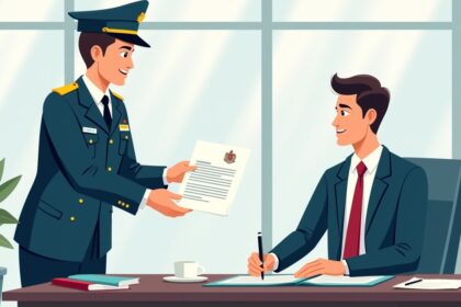 Tax officer hands official tax decision letter to company representative, symbolizing transparency and accountability in tax administration.