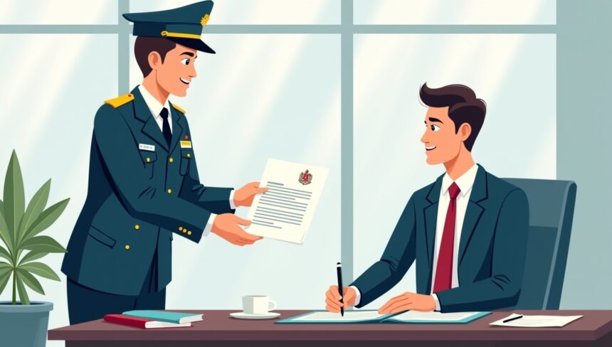 Tax officer hands official tax decision letter to company representative, symbolizing transparency and accountability in tax administration.